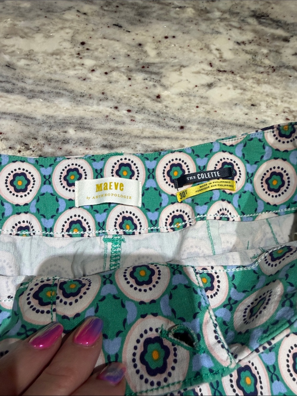 Anthropologie Maeve Colette Teal, White & Green Patterned Ankle Pants - Picture 2 of 10